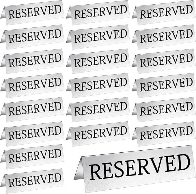 Aemygo 24 Pcs Metal Reserved Table Signs, Silver Table Top Reserved Sign for Restaurants, Double Sided Tent Guest Reservation Table Seat Sign for Wedding, Party, Ceremony, Events(5.91" x 3.15")