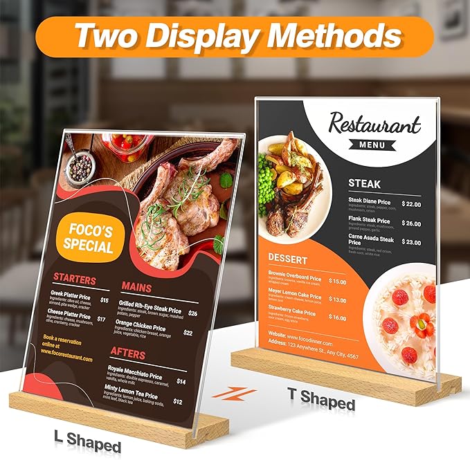 8.5 x 11 Acrylic Sign Holder with Wood Base - Tabletop Display Menu Stand - Clear Plastic L/T Shape Vertical or Slant Back Paper Holders - 6 pack