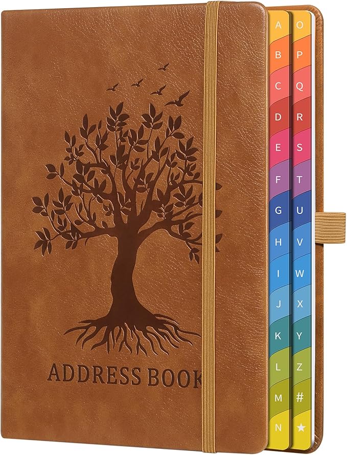 Address Book with Colorful Alphabetical Tabs (8.4" x 5.8") - Hardcover Telephone and Contact Organizer, with Space for Important Website Passwords and Software Licenses - Brown