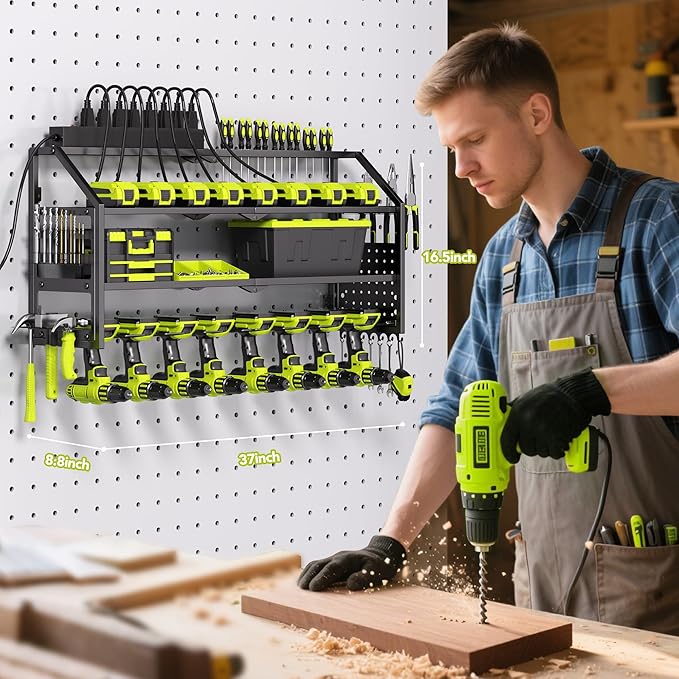 YFFSRJDJ Power Tool Organizer Wall Mount with Charging Station, 8 Drill Holder with 8-Outlet Power Strip, Garage Cordless Drill Storage and Organization, Battery Utility Rack