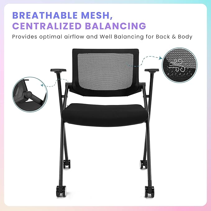 BROBRIYO Conference Room Chairs with Wheels and Paddle, Ergonomic Mesh Back and Arms for Meeting, Conference, Reception, Training Room & Home Office Desk Folding Chairs 8 Pack