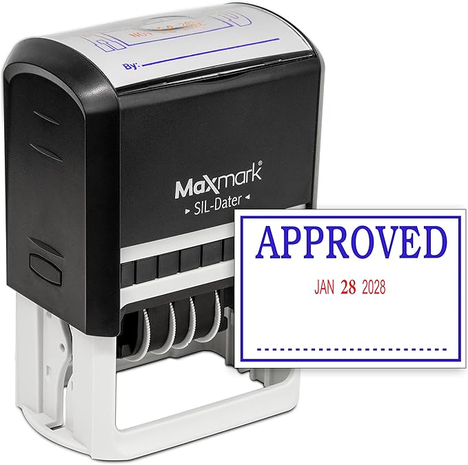 MaxMark Large Self-Inking Rubber Date Office Stamp with Approved Phrase & Date - Blue/Red Ink, 12-Year Band - Style 3