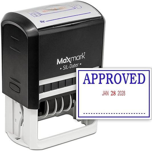MaxMark Large Self-Inking Rubber Date Office Stamp with Approved Phrase & Date - Blue/Red Ink, 12-Year Band - Style 3