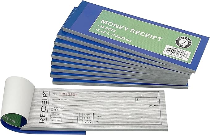 Cotton Fly Pre-Numbered Rent Receipt Book, Receipt Invoice Book Carbonless Copy Duplicate 2 Parts 50 Sets 8.5" X 2.75… (50pack)