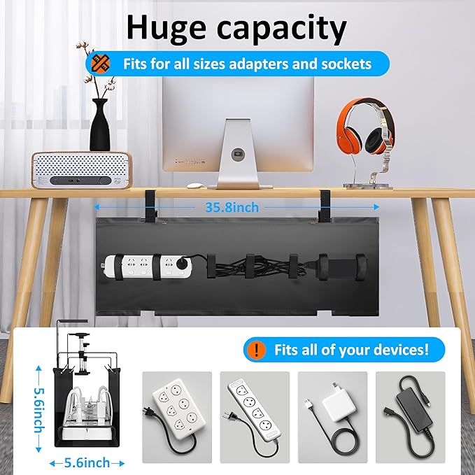 Cotohim Under Desk Cable Management Tray - Under Desk Cord Management - Clamp/Screw Mount - Fabric Wire Management - Cable Raceways Tray Cord Hiders for Office/Home (Black, 35.8"×5.6")