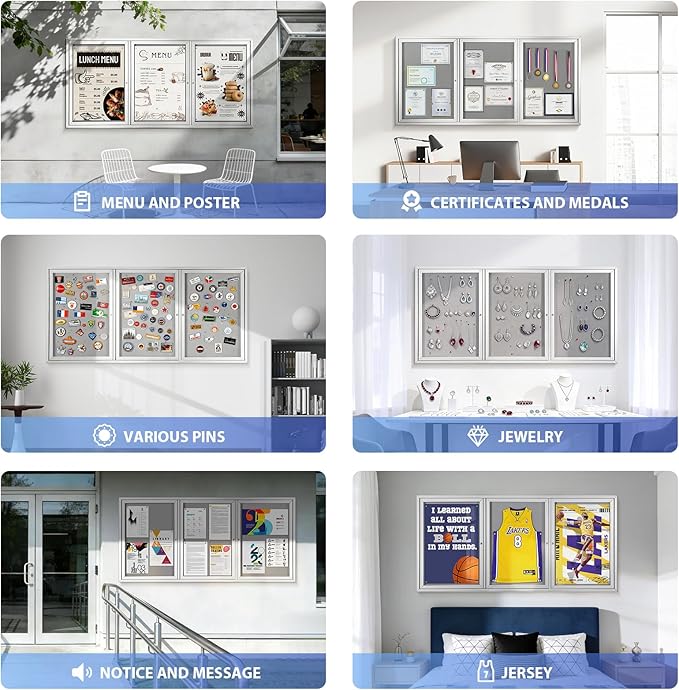 SWANCROWN Weather Resistant Enclosed Bulletin Board Gray Fabric Displays Boards Wall Mounted Notice Cabinet with Three Locking Doors, 70x36 inches