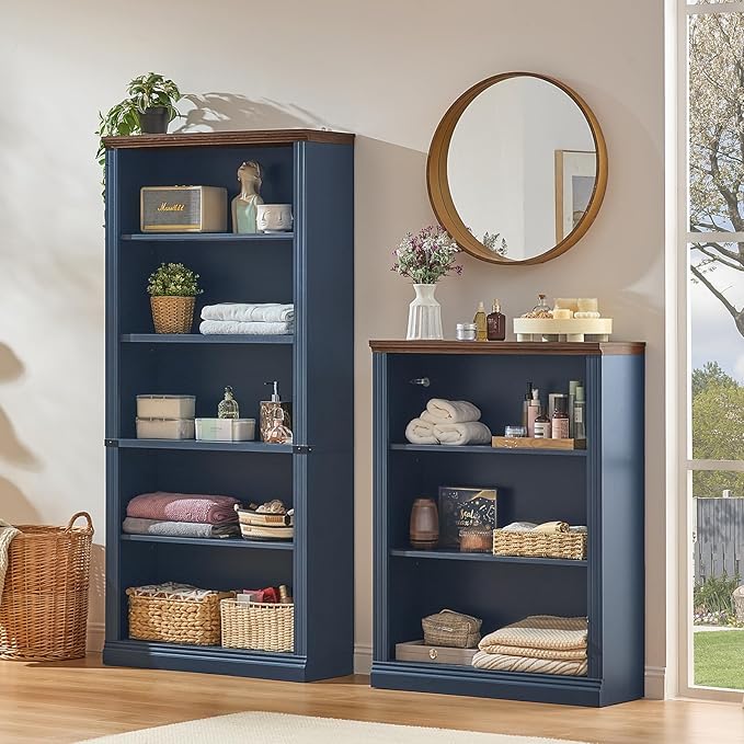 RWYHG 70" Blue Tall Bookshelf Set of 2,5-Tier Thick Wooden Book Shelf with Adjustable Shelves,Free Standing Farmhouse Bookcase with Open Display Storage,Floor Vintage Bookshelves for Living Room