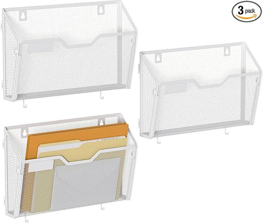 YINGHUA 3 Pack Mesh File Holders Wall Mounted - Durable Metal Hanging Organizer with Hooks - 12.6 Inch Vertical Wall Baskets for Mail Papers Office Home and School Storage - White