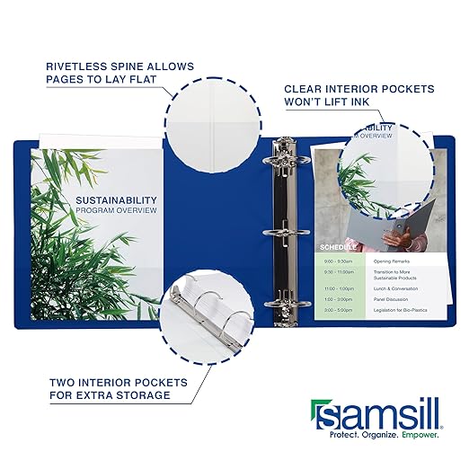 Samsill 0.5 Inch 3 Ring Binder, Made in USA, Economy Round Ring, Clear View Cover, 100 Sheet Capacity - for School, Home, Office - Blue, 4 Pack