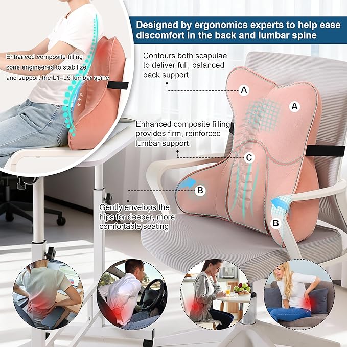 Ailuteie Lumbar Support Pillow(Pat. Pend) for Lower Back Pain Relief – Multi-Functional Ergonomic Lumbar Cushion, Reading Pillow for Office Chair, Car Seat & Sofa,Blush Pink