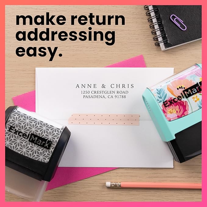 ExcelMark Address Stamp - Custom Return Address Stamp with Elegant Designs, Vibrant Colors & Patterns – Perfect for Mail, Invitations & Gifts (Black Mount, Simple Classic)