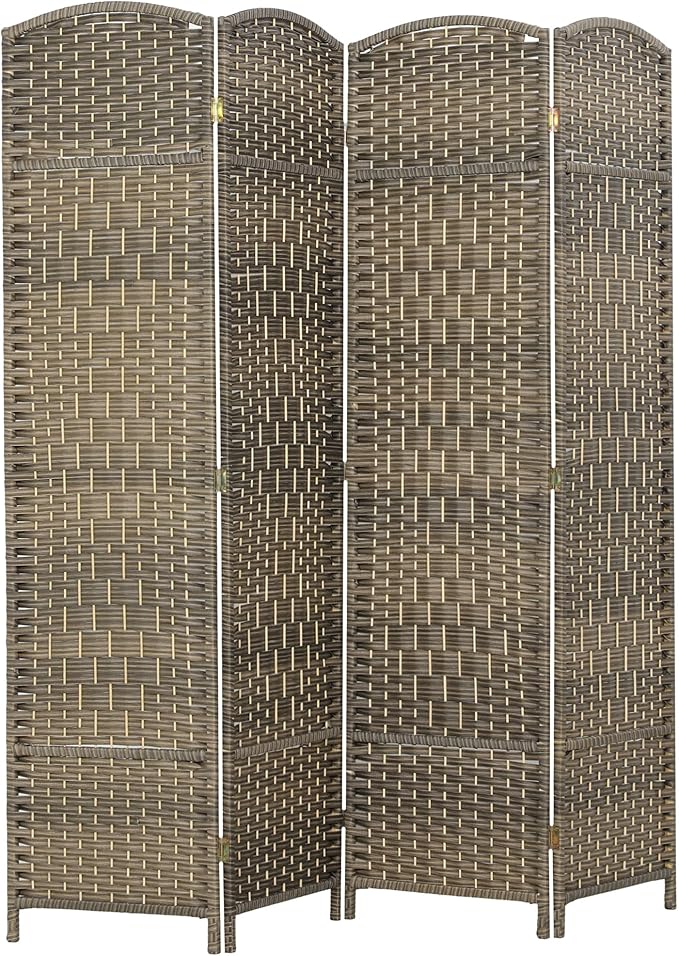 HOMCOM 4 Panel Room Divider, 6' Tall Folding Privacy Screen, Hand-Woven Freestanding Wall Partition for Home Office, Bedroom, Dark Rustic Oak