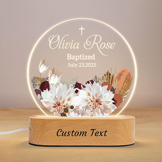 7GEEFT Personalized Baby Gifts for Kids, Custom Flower Acrylic Sign Plaque with Name Night Light for Boys Girls, Baby Shower Newborn Baptism Christening Gifts, Children's Bedroom Nursery Room Decor