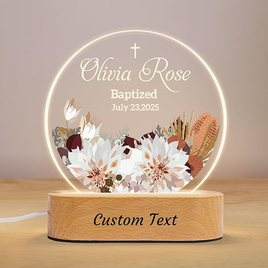 7GEEFT Personalized Baby Gifts for Kids, Custom Flower Acrylic Sign Plaque with Name Night Light for Boys Girls, Baby Shower Newborn Baptism Christening Gifts, Children's Bedroom Nursery Room Decor