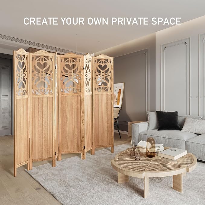 ALeesing 6 Panel Room Divider Fully Assembled, Carved Room Dividers and Folding Screens, 5.6Ft Wood Room Divider Screen Freestanding Partition Wall Dividers for Home Bedroom Office, Rustic Wood Color