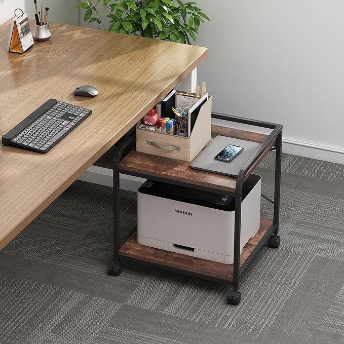Fannova Under Desk Printer Stand, 20 Inches Deep Large Printer Table with Height Adjustable Storage Shelf, 2 Tier Rolling Printer Cart with Wheels for Home Office - Rustic Brown