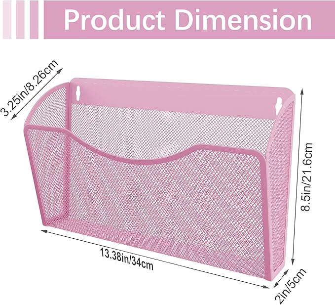 EasyPAG Single Pocket Wall File Organizer, Mesh Hanging File Folder Organizer for Letter/A4 Size Folders, Wall Mounted Vertical Mail Holder for Paperwork, Office, Home, School, Pink