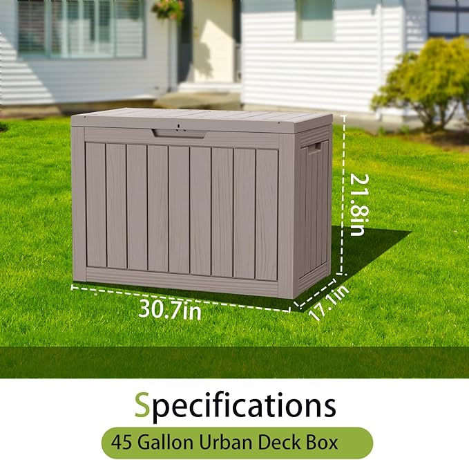 Decksplore 45 Gallon Outdoor Storage Box Waterproof Lockable Resin Deck Box Large, Patio Storage Bin for Pool Accessories Cushion Furniture, Garden Tools, UV-Resistant Outside Delivery Light Coffee