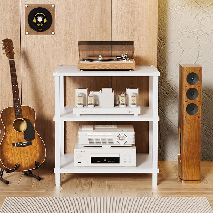 LELELINKY 3-Tier AV Media Player Stand Set of 2, White Stereo Cabinet, Wooden TV Stand,Game Console Shelf, Multifunctional Entertainment Center, Suitable for Home, Conference Room, Game Studio