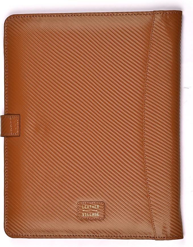 LEATHER VILLAGE Portfolio Professional Organizer – Carbon Fiber Genuine Leather Padfolio Resume Folder for A4 Letter Pad with Pen Holder, Business Card Slots & Writing Pad – Ideal for Men & Women-Tan