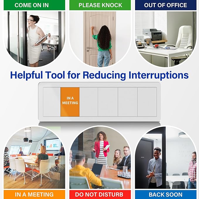 Office Door Signs with 6 Printed Status Options – Do Not Disturb, Out of Office, In a Meeting, Please Knock, Back Soon, Come on in – Includes Custom Personalized Blank Sticker for Privacy Workspace or Studio Available and Away