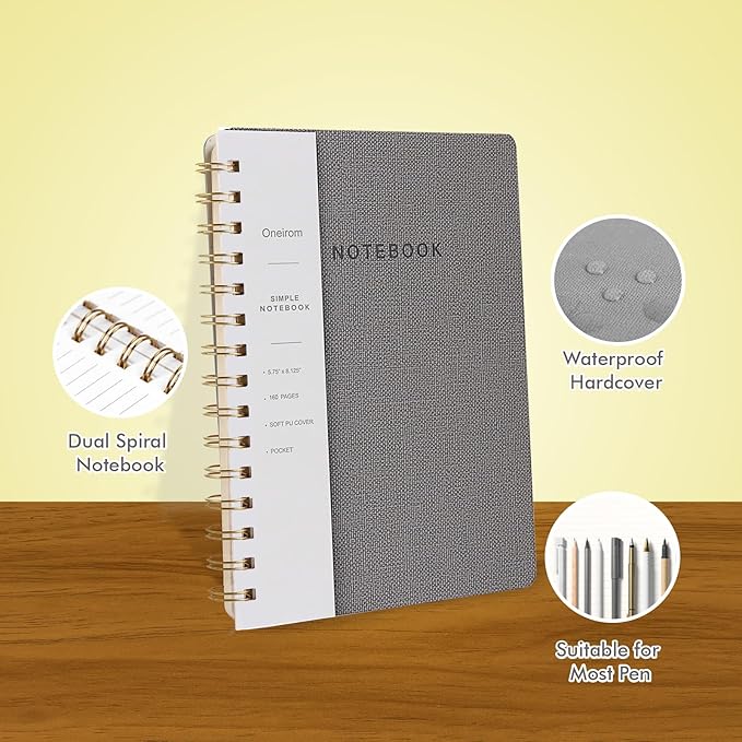 Spiral Notebook-5.75" x 8.125" College Ruled Journal with Inner Pockets and 160 Pages,PU Leather Cover Business Journal, Twin-Wire Binding Notebook Perfect for Office & Home School Supplies 3 pack Reefblue/Grey/Black