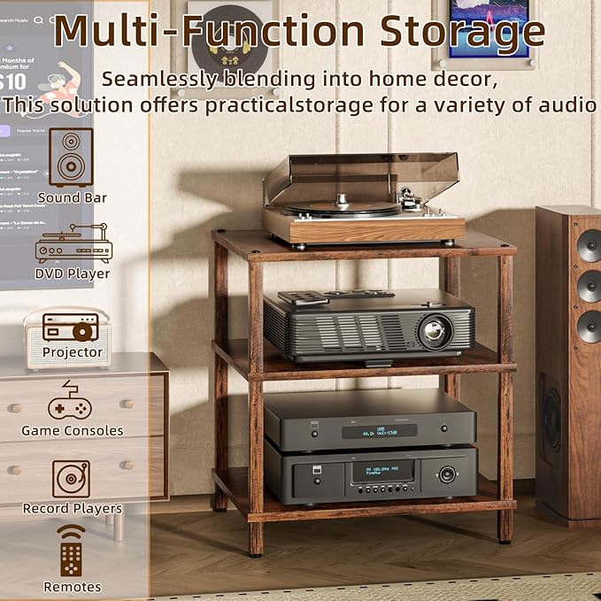3-Tier AV Media Player Stand, brown Stereo Cabinet, Modern Stereo Cabine,Game Console Shelf,Wooden TV Stand,Multifunctional Entertainment Center, Suitable for Home, Conference Room, Game Studio