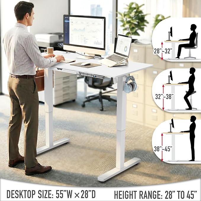 SHW 55 x 28 Inches Electric Height Adjustable Standing Desk with Drawer and Memory Preset, White