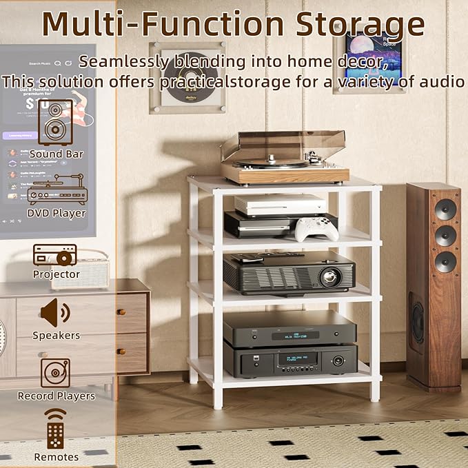 LELELINKY 4-Tier AV Media Player Stand Set of 2, White Stereo Cabinet, Wooden TV Stand,Game Console Shelf, Multifunctional Entertainment Center, Suitable for Home, Conference Room, Game Studio