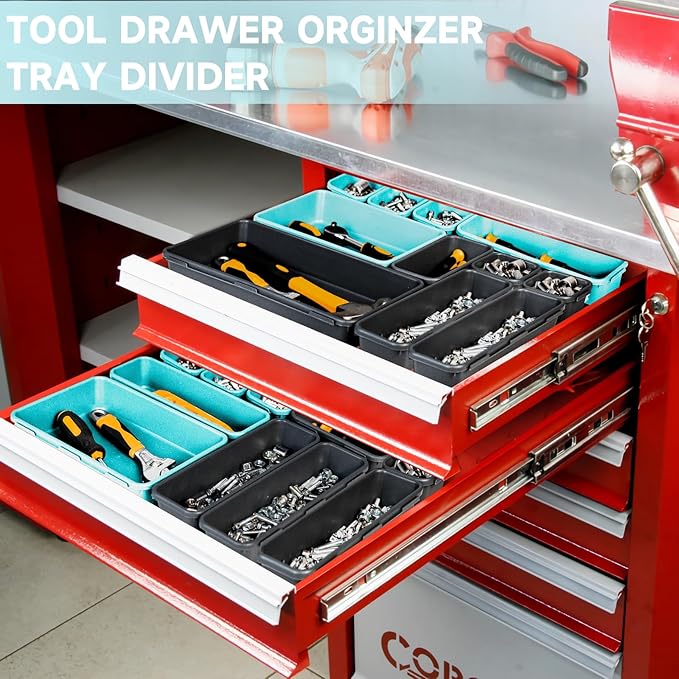 FLYVOLE Tool Box Organizer Tray, Toolbox Desk Drawer Organizer, Tool Box Tray, Toolbox Organization Storage for Rolling Tool Chest (60PCS (Blue+Black))