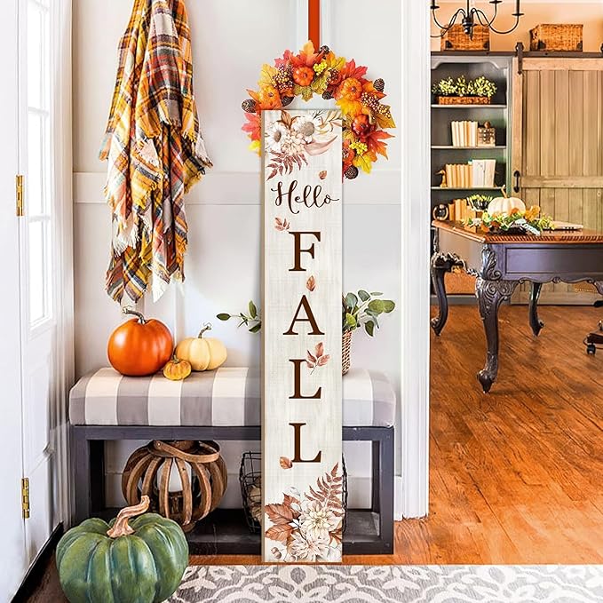 Hello Fall Porch Sign 47" Thanksgiving Day Wooden Door Sign Large Autumn Welcome Sign with Leaves Standing Front Door Decor for Home, Yard, and Fall Parties