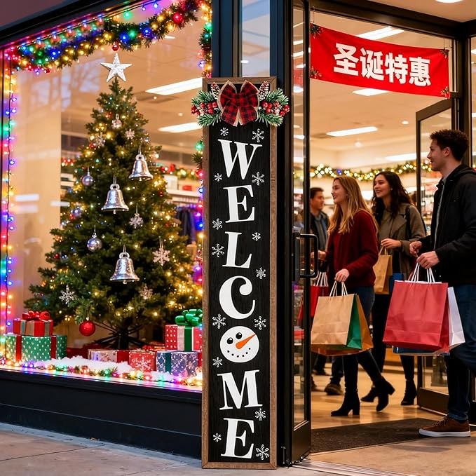 Double-sided Merry Christmas Wooden Sign Stand with Magnetic-adhesive Wreath for Front Door, 47" Farmhouse Vertical Snowman Welcome Porch Sign, 2in1 Tall Xmas Porch Leaner Decor