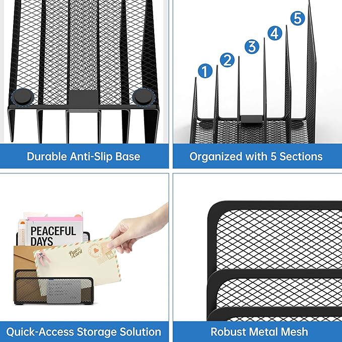ReePlan Mail Organizer with 5 Slot, Metal Mail Holder for Desk, Office File Holder Letter Organizer for Mails (Black)