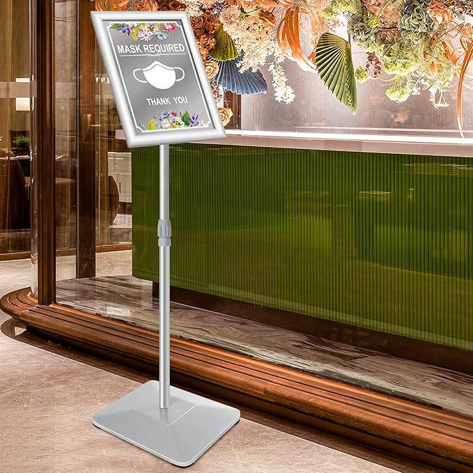 VAIIGO 8.5"x11" Pedestal Poster Sign Stand with Heavy Duty Base, Adjustable Sign Holder Standing Floor Sign Stand for Office,Store,School,Church,Public Sign Displayed Stands, Silver