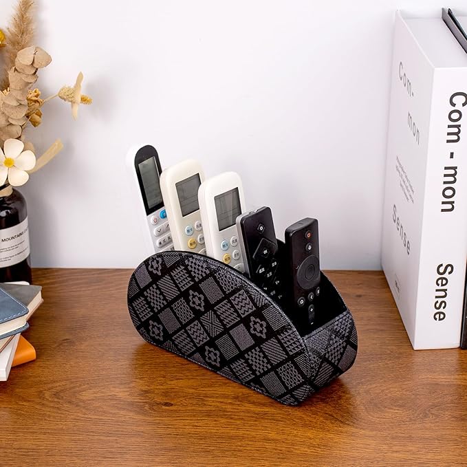 Remote Control Holders Organizer Box with 5 Compartment PU Leather Multi-functional Office Desk Storage Caddy Store Tv Remote for Media Player,Brush,Pencil,Glassees&Office Supplies (Grey print)
