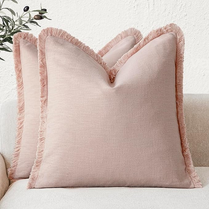 Foindtower Set of 2 Decorative Linen Fringe Throw Pillow Covers Boho Farmhouse Cushion Cover with Tassels Soft Accent Pillowcase for Couch Chair Sofa Bed Living Room Home Decor,18×18 Inch,Light Pink