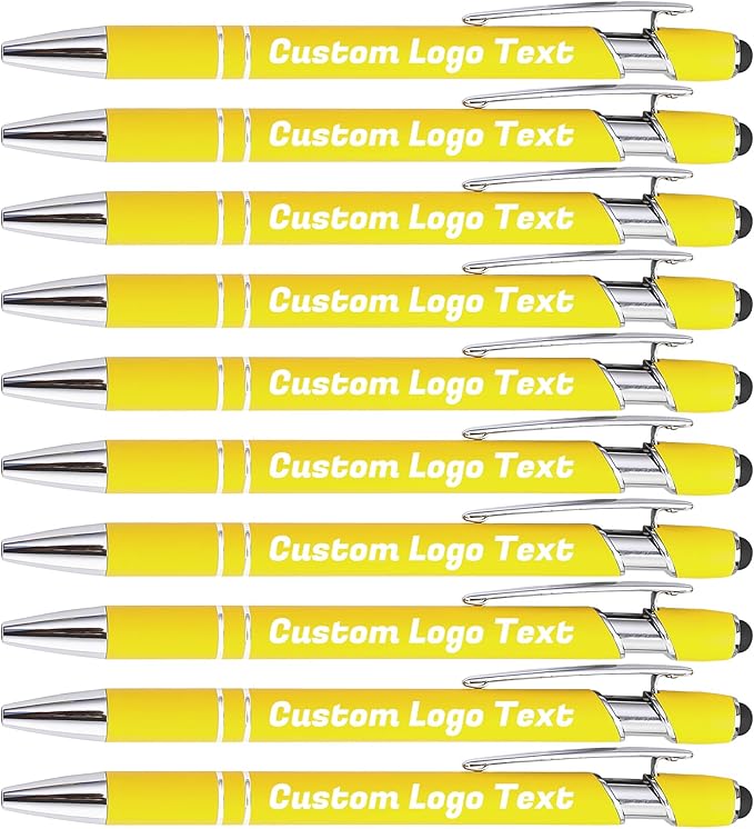 HEYZARDA Personalized Pens with Name Text Logo Custom Ballpoint Pen for Business Office Events with Stylus for Touchscreen 10 Pcs Yellow