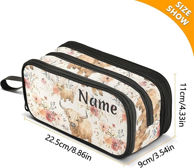 BOENLE Custom Cute Highland Cows Flowers Pencil Case Box Boys Girls Personalized Name Large Pencil Pouch Stationery Pen Bag Organizer for Kids Adults School Office