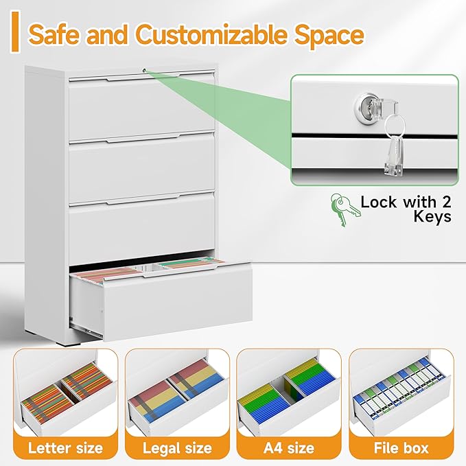 LONGLINK 4 Drawer Lateral File Cabinets with Lock,Metal Filing Cabinet for Home Office,Wide Office Storage Cabinet with Hanging Bars for A4 Legal/Letter Size(White-Easy Assembly)