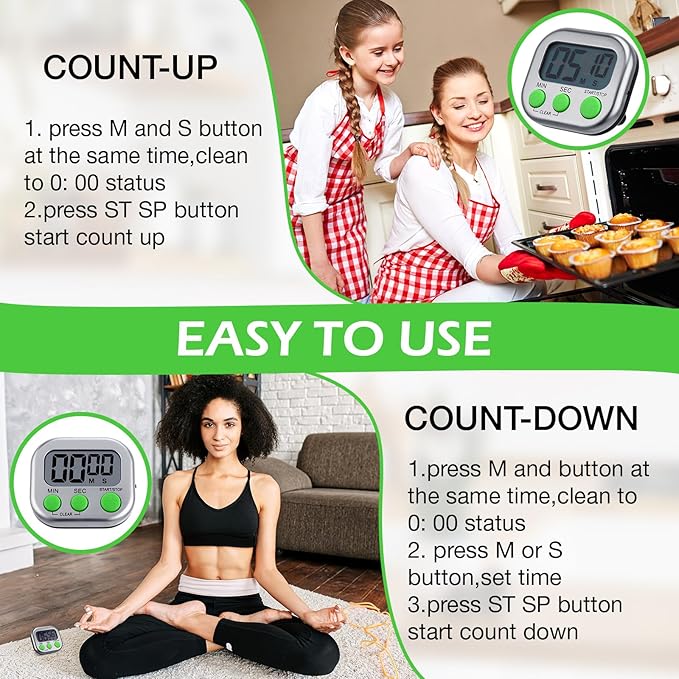 Leumoi 24 Pcs Digital Kitchen Timers Magnetic Back Timers Bulk Large Screen Loud Alarm On/Off Switch Minute Second Count up Countdown Memory Setting for Cooking Classroom Exercise (Sliver and Green)