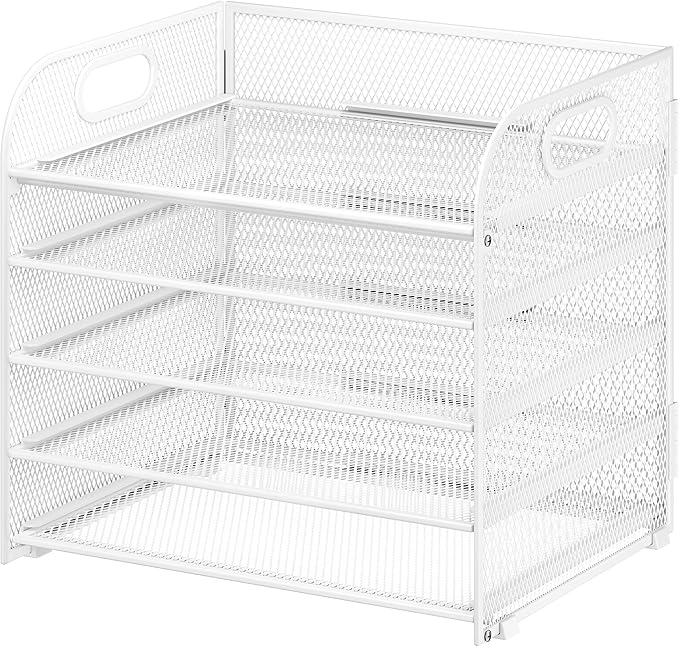Cawukege 5 Tier Paper Organizer with Handle, Metal Mesh Desk Organizer File Folder Paper Letter Tray Desktop Document Sorter for Classroom, School, Office Accessories Organization and Storage - White