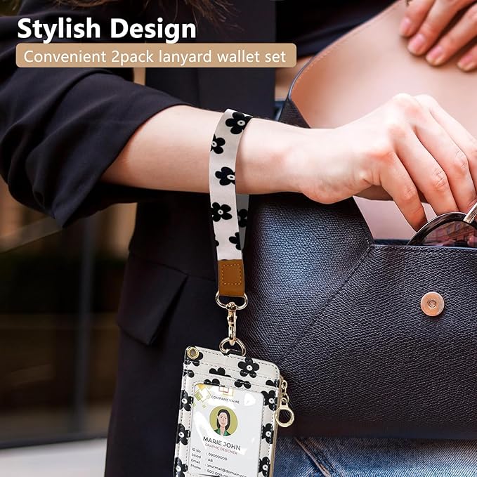 2-in-1 ID Badge Holder & Lanyard Wallet for Womens Cute Black Flower Leather Zip ID Case Wallet with Breakaway Wrist & Neck Lanyard, Clear Window, 5 Card Slots, Ring Keychain for Worker Teacher Nurse