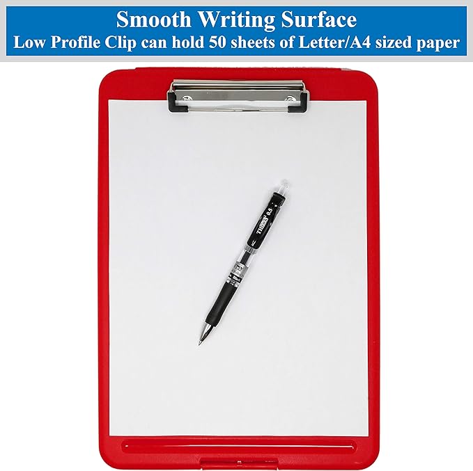 Think2Master Red Plastic Storage Clipboard. | 25% Heavier & 25% Sturdier| Heavy Duty and Won’t Flex or Bend Like Other Brands (Compare The Weight). Storage Compartment Holds 150 Letter Sized Paper.