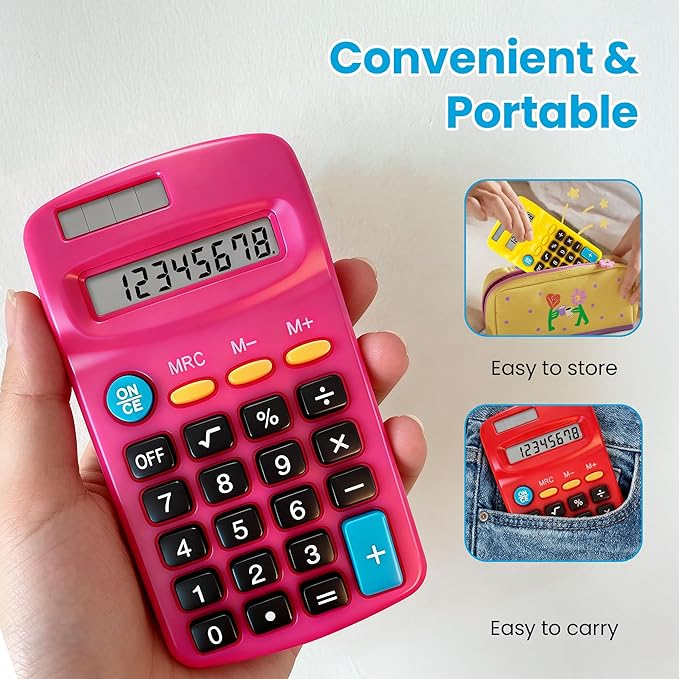 18 Pack Pocket Calculator Bulk: 8 Digit Hand Held Basic Calculator Small Solar Battery Dual Power Mini Calculators for Classroom Students Desktop School Home Office (Multicolor, 18 Pcs)