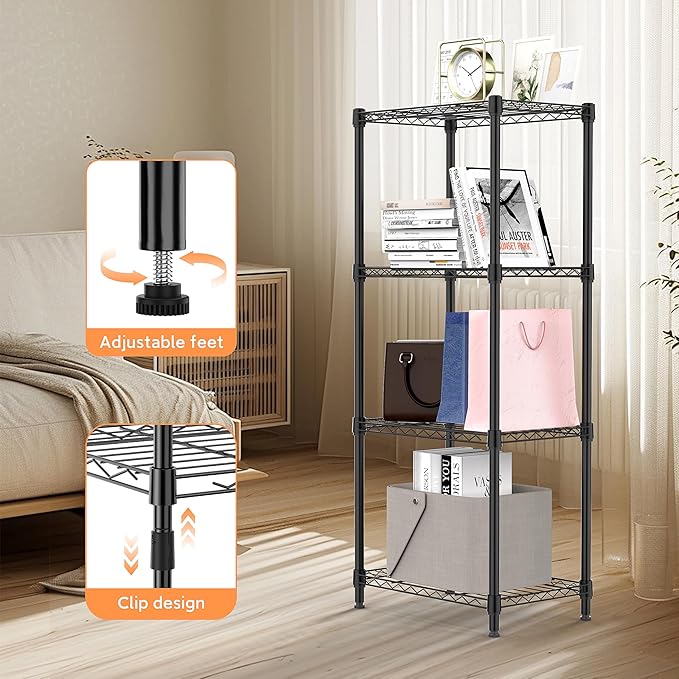M MZG 4 Tiers Shelf Metal Storage Shelves Wire Rack Closet Organizers with Wheel for Garage Kitchen Bathroom Laundry Black 11.8" D x 17.7" W x 41.9" H