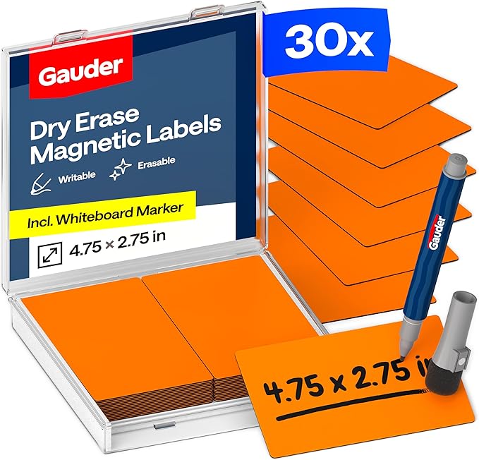 GAUDER Magnetic Dry Erase Labels | 30x Magnetic Labels (4,75 Inches x 2,75 Inches) | 30x Dry Erase Magnets for Classroom, Whiteboard and Blackboard