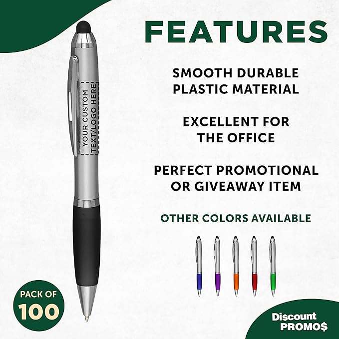 DISCOUNT PROMOS Custom Stylus Ballpoint Pens Set of 100, Personalized Bulk Pack - Black Ink, Great for Office, School, Business, Tradeshows, Events - Black