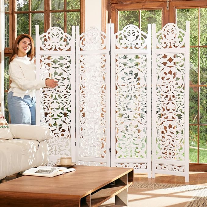 5.75Ft Room Divider Wood Screen, 33Lbs Durable MDF Carved Rustic Style Headboard, Reversible Freestanding Folding Partition Paravent for Home, 69 * 71 inch(H*W) - 4 Panels (Rustic White)