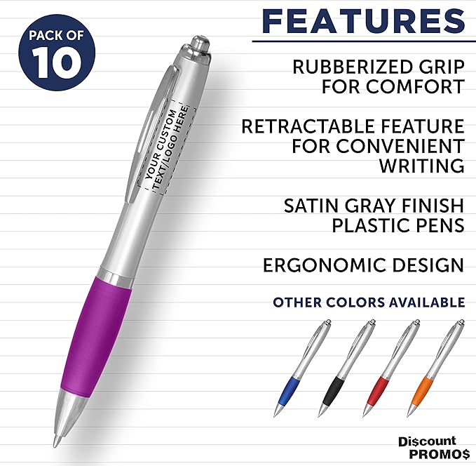 DISCOUNT PROMOS Personalized Ballpoint Pens With Rubber Grip, 10 pack Customizable Ergonomic Click-to-Write Custom Writing Pens for School with Black Ink, Purple