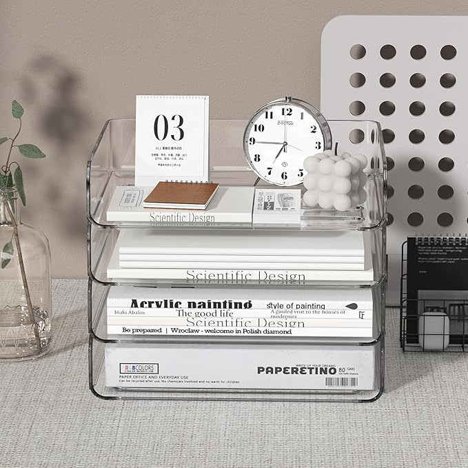 FANXIYQ 4-Tier Acrylic Paper Tray Organizer - Low-Profile Desk File Sorter for Office/Home, Clear Stackable Letter Tray for Bills, Crafts, Notebooks